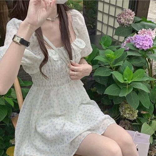 Puff Sleeve Elegant Mini Dresses Women Casual Bandage Korean Style French Vintage Floral Dresses Females Sweet 2021 Summer
