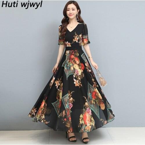 Summer Black Boho Floral Chiffon Casual Vacation Maxi Dress 2021 Vintage Beach Long Sundress Women Elegant Bodycon Party Vestido