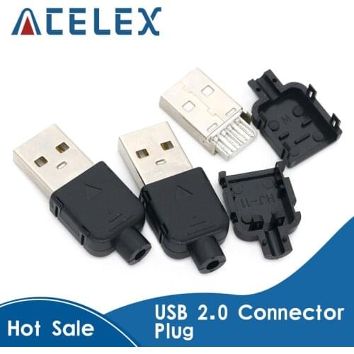 10 Sets DIY USB 2.0 Connector Plug A Type Male 4 Pin Assembly Adapter Socket Solder Type Black Plastic Shell For Data Connection