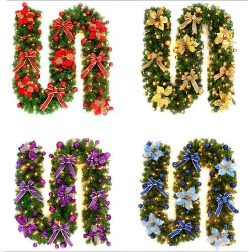 2.7m Christmas garland green Christmas rattan with bows big flowers balls and lights Christmas ornaments free shipping