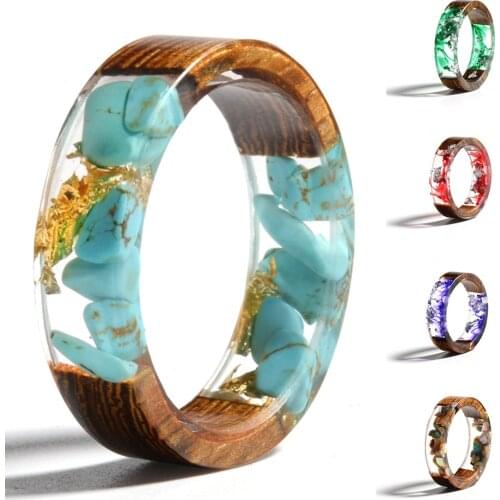 2019 Resin Rings for Women Men Gold Color Foil Wood Inside Ring Vintage Handmade Epoxy Rings Drop Shipping