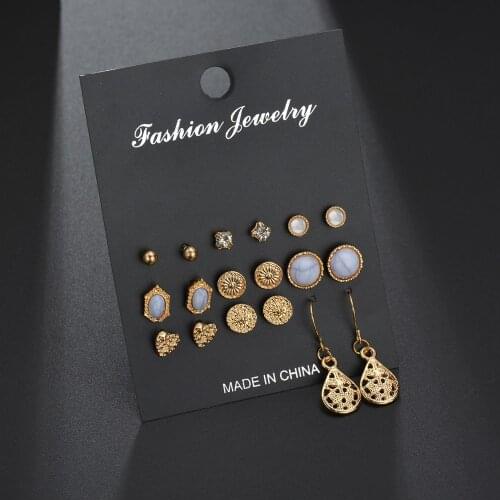 9 Pairs Bohemian Round Metal Disc Bead Heart Opal Rhinestones Stud Earrings Set for Women Men Girls Ear Jewelry Gift Wholesale