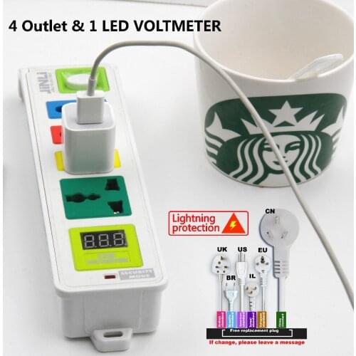 AU EU UK US 4 Outlet voltmeter socket with Lightning protection system