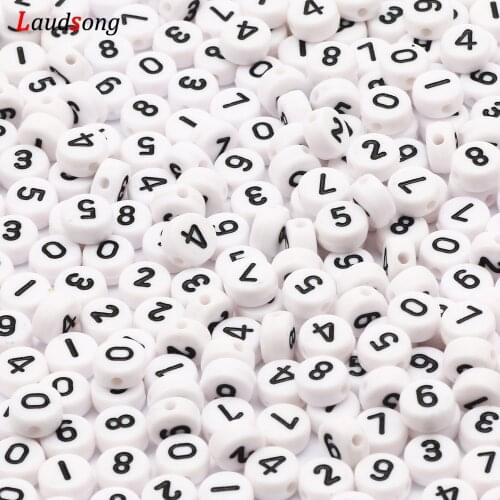 White Mixed Number/Letter Acrylic Beads 4x7mm Round Flat Beads For Jewelry Making Handmade Diy Bracelet Necklace 100-500Pcs