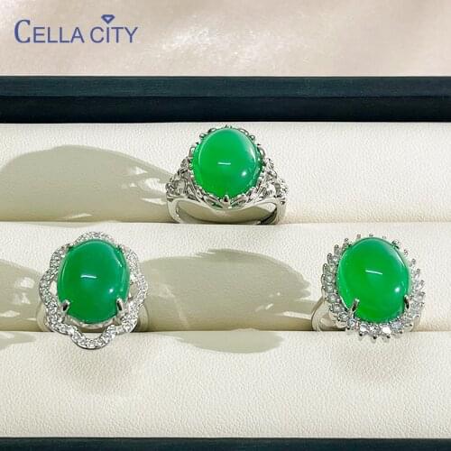 Cellacity Emerald Ring For Charm Lady With Green Emerald Gemstone Open Adjust Size 5A Zircon Silver Ring Wedding Party Gift