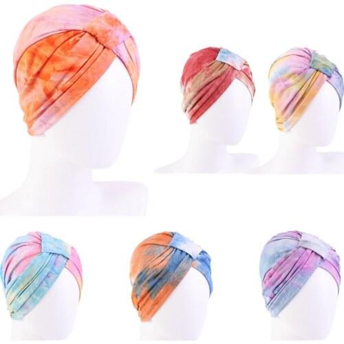 Women Dye-tie Turban Chemo Hat Head Wrap Muslim Turban Bonnet Bandanas Head Cap Hair Accessories India Hat Chemo Cap Islamic New
