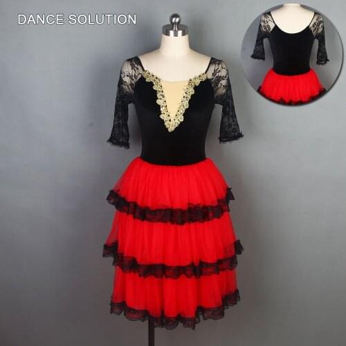 19505 Black Bodice with Lace Mid Length Sleeve and Red Long Tutu Girl & Woman Dance Ballet Costumes Ballerina Solo Romantic Tutu