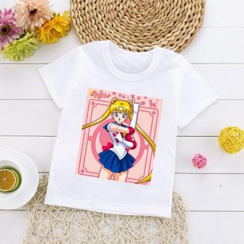 Japanese Amine Sailor Girls T-shirt Summer New Fashion Cute Cartoon Cat Children T-shirts Kids Casual Short Sleeve Tops Tee