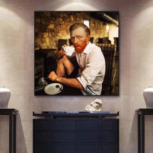Funny Portrait Van Gogh Drinking Coffee Canvas Paintings Posters Prints Wall Art Picture for Living Room Home Decoration Cuadros