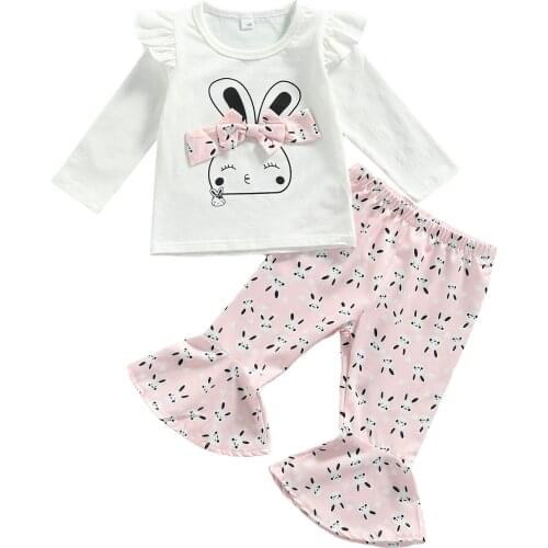 2021 0-18M Newborn Baby Girl Clothing Set Cute Bow Cartoon Bunny Print Long Sleeve T-shirt+Pink Flare Pants Spring Fall 2pcs Set