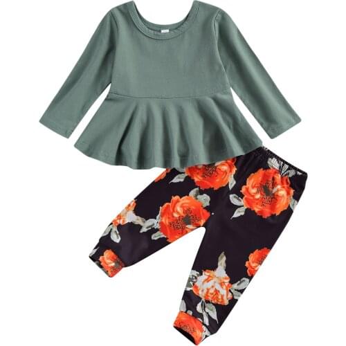 Pudcoco Newborn Baby Girls 2-piece Outfit Suit Long Sleeve Solid Color Top + Floral Print Pants Set for 0-24 Months Kids Girls