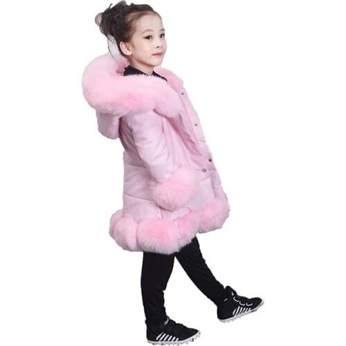 Kids girls PU leather patchwork fox faux fur collar jacket coat down parkas thicken coat princess winter outerwear fur coat
