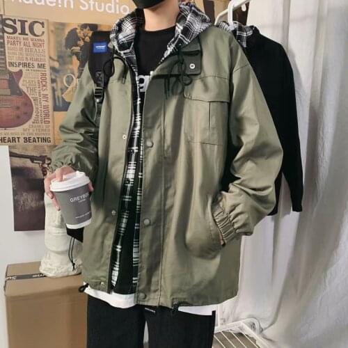 Spring autumn ins fake two-piece plaid jacket boys trend loose handsome tide brand couple hooded tooling jacket