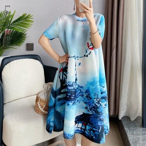LANMREM Pleated Printed Dress For Women Medium Length Short Sleeve Female Elastic Retro Dresses 2021 Summer 2D3967