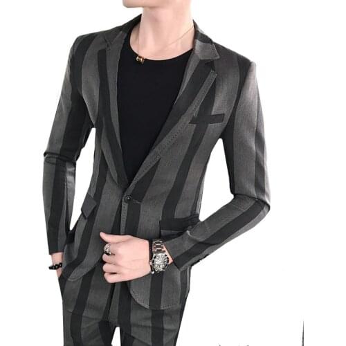 Striped Slim Fit Two Piece Suit Coat Set Mens Autumn British Style Young Blazers Jacket Pants Business Wedding Dress Clothing