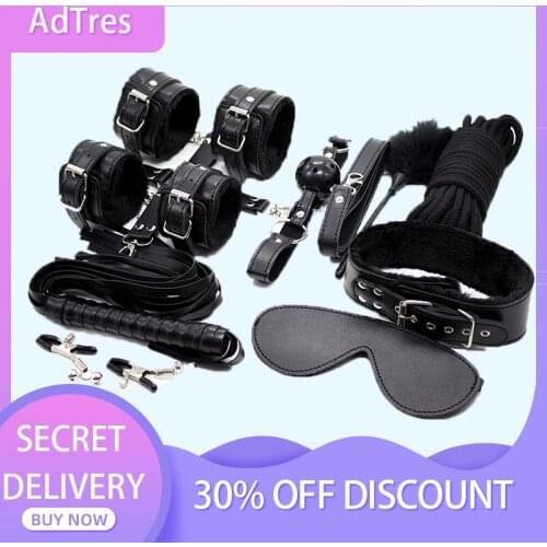 10pcs Set Erotic Adults Slave Games Leather Bondage BDSM Kits Handcuffs Sex Toys Whip Gag Tail Plug Women Flirt Accessories