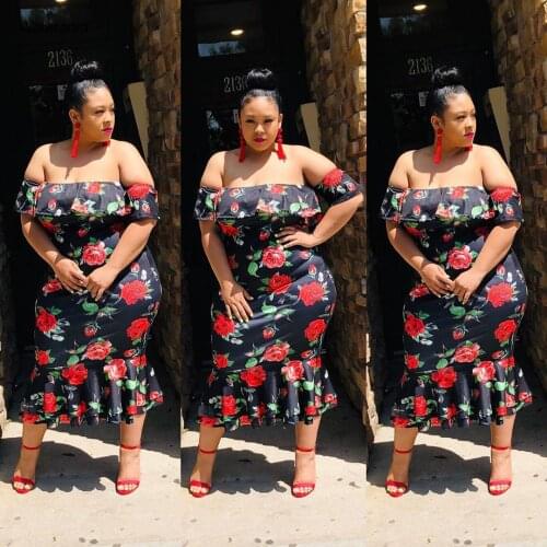 New Plus Size Womens Strapless Short Sleeve Backless Flower Printed Bodycon Trumpet Dress Sexy Night Partyclub Dress DM013