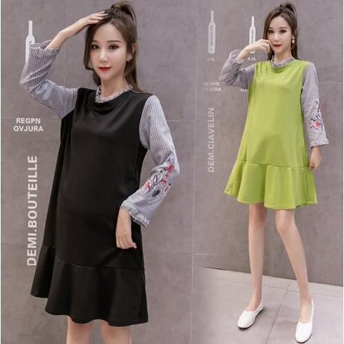 778# Maternity Clothes Spring Autumn Cotton Long Sleeves stripe embroidery false two-piece Dress for Pregnant Women Mom Dress