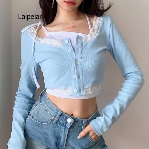 2021 Autumn New Girl Lace Stitching Single Breasted Long Sleeve T-Shirt Womens Casual Street Wear Set