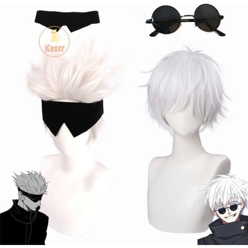 2 Styles Gojo Satoru Cosplay Wigs Anime Jujutsu Kaisen Short White Hair Eye Patch Black Glasses Free Wig Cap Adults Party Props
