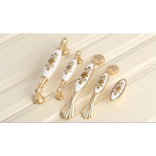 Single Hole/128mm/160mm Knob Zinc alloy ceramic Kitchen cabinet knob drawer pulls furniture handle with gold flower print