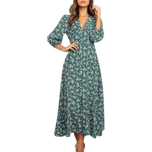 V-neck Three Quarter Sleeve Sundress Floral Print Open Fork Hem Femme Robe Long Dress Mid-calf A-line Puff Sleeves Sukienka