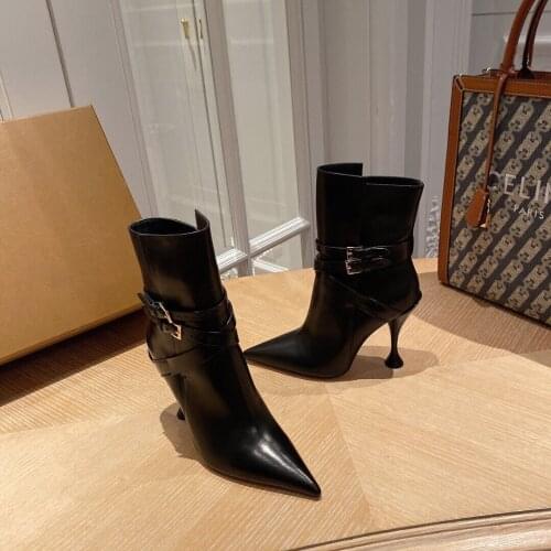 2021 Newest Winter Shoes Woman Mature Genuine Leather Ankle Boots Woman Pointed-Toes Super High Heels Boots Woman Bota Feminina