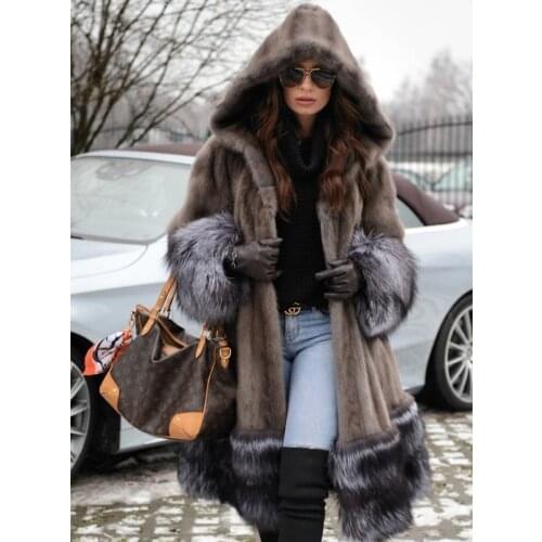 100cm Long Natural Mink Fur Coats with Hood 2021 Winter Fashion Genuine Mink Fur Coat Splicing Silver Fox Fur Overcoats Luxury