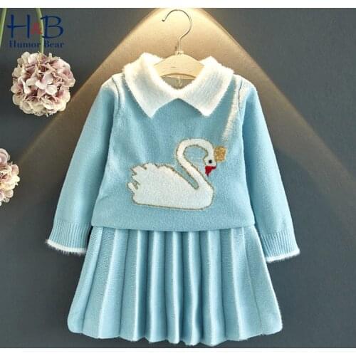 Humor Bear ChildrenS Sweater Winter Autumn New Korean Girl Knitted Cartoon Wool Long-sleeved Sweater+ Short Skirt 2pcs Set