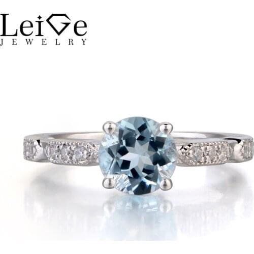 Leige Jewelry Aquamarine Rings Round Cut Silver 925 Jewlry For Women Blue Gemstone Wedding Promise Ring March Birthstone