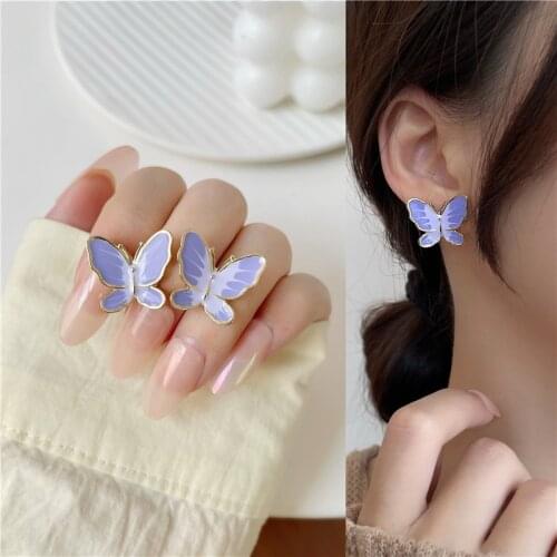 Women Summer Small Fresh Enemal Bow Earrings Korean Trendy Super Fairy Cute Girl Purple Butterfly Ear Clip Earrings No Piercing