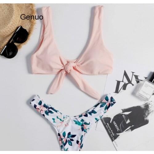 Womens Swimming Suit Sexy Bikini Front Tie Push Up Padded Swimwear Cut Out Solid Pink Bathing Suit Swimsuit Beachwear 2021