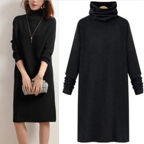2020 New Autumn&Winter Casual Long knee-length Dress Plus Size 5XL 6XL high-necked Pockets Cotton Long Sleeves Lady Thick Dress