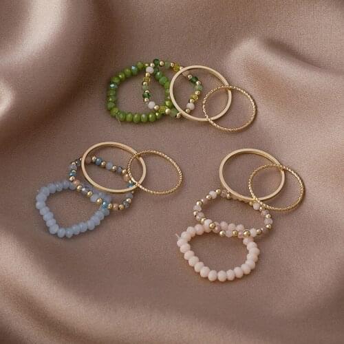 4PCS Womens Ring Summer Crystal Beaded Vintage Rings Set New Korean Women Jewelry Temperament Accessories Sweet Aesthetic Gift