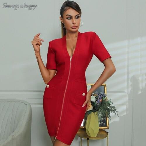 High Quality Womens Red Short Sleeve Tight Bandage Dress 2021 New V-neck Zipper Sexy Mini Club Party Dress Vestidos