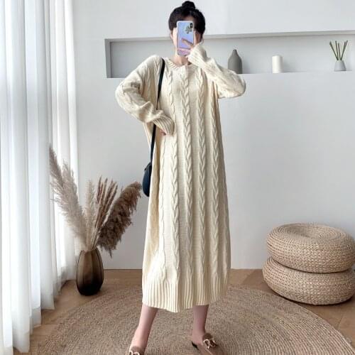 105 CM Winter Thick Warm Twist Knitted Maternity Long Sweaters Loose Dress Clothes for Pregnant Women Casual Pregnancy