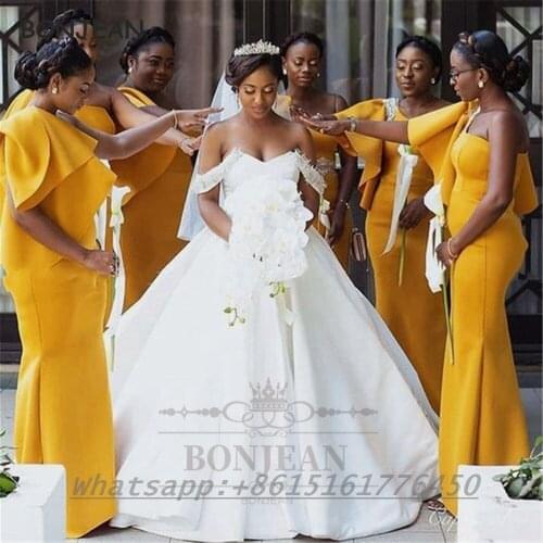 2021 Mermaid Bridesmaid Dresses Black Girls Yellow One Shoulder Floor Length South African Bridesmaid Dress Party Dress