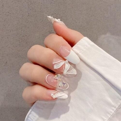 24pcs French Ribbon Wear Long Paragraph Fashion Manicure Patch False Nails Save Time Wearable Nail Patch Natural Full Cover