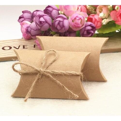 25Pcs Natural Brown Paper Pillow Pouch Jewelry Box With Hot Stamping Golden Thank You Heart Stickers Hemp Rope Strings 8x5.5x2cm