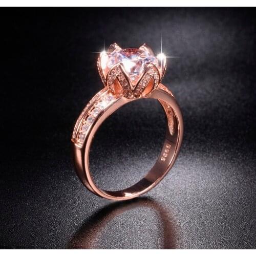 Promotion!!! 8$ Real Solid 100% 925 Silver & rose gold Lotus flower Rings Wedding Jewelry for Women 2ct Simulated Diamond Ring