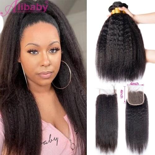 Alibaby Brazilian Hair Weave Human Hair Kinky Stiaight Bundles Yaki Straight Hair Bundles With Closure 4×4 Closure Non Remy Hair