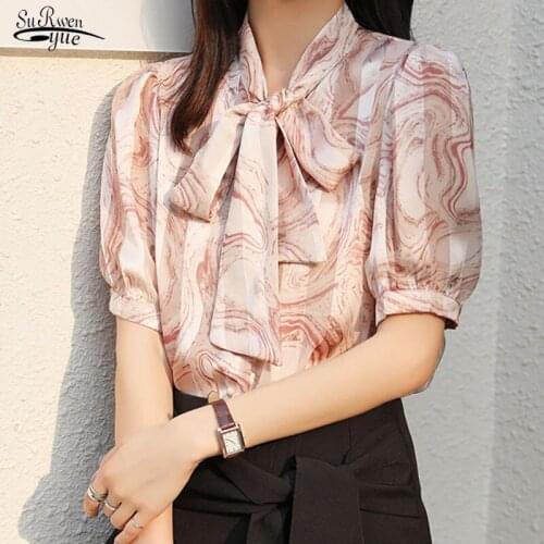 Blusas 2021 Chiffon Blouse Short Sleeve Women Tops Blouse Vintage Women Shirt Bow Lantern Sleeve Office Lady Chic Clothing 10081