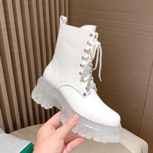 Jelly Bottom Women Boots Transparent Thick Soled Martin Boots Autumn Winter 2021 New Lace-up Short Boots Fashion Botines Mujer