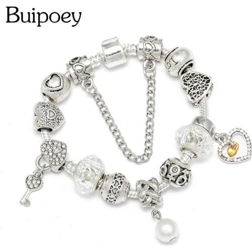Buipoey Silver color Heart Charm Bracelets For Women Girls White Pearl Pendant Shiny Crystal Beaded Bangle Original Jewelry