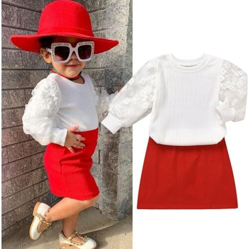 Kids Girls Clothing Sets Spring Autumn Girls Clothes Children Cotton Lace Long Sleeve Top + Red Short Skirt 2pcs Suit 2-7Y