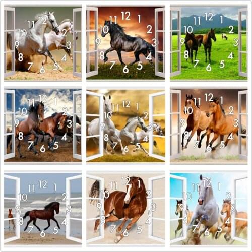 Dpsprue 5D Diamond Painting Kit With Clock Cross stitch Full Square Round Diamond Embroidery Mosaic Window Horse Gift