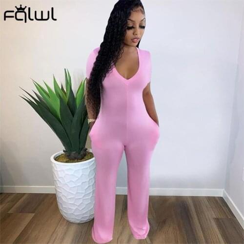 FQLWL Fall Streetwear Black Pink One Piece Outfit Jumpsuit Women Short Sleeve V Neck Jumpsuits Wide Leg Fashion Bodycon Jumpsuit