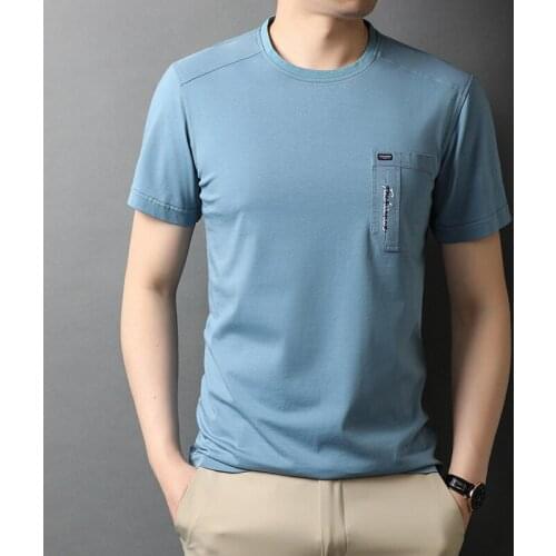 Letter Embroidery Front Pocket T-shirt Short Sleeve Mercerized Cotton Summer Lightweight Pullover Solid Color Casual Round Neck