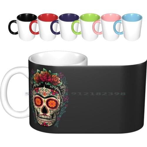 Calavera Ceramic Mugs Coffee Cups Milk Tea Mug Kahlo Mexican Artist Painter Womens Mexico Feminist Flowers Flower Calavera