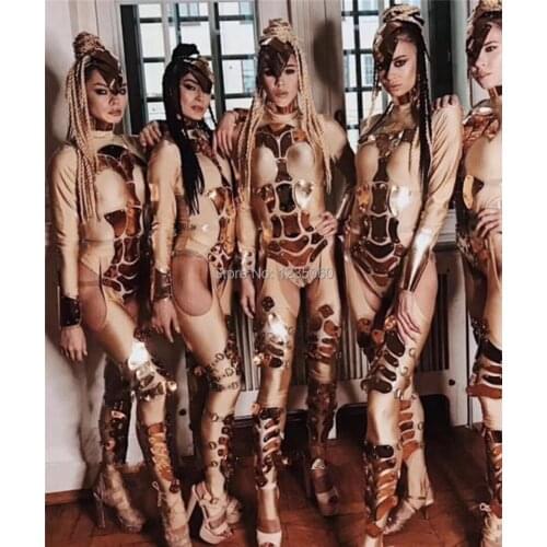 Nightclub Bar Dance Team Stage Show Mirror Clothes Sexy Lady Gold Mirror Party Suit Ballroom Costume Dress